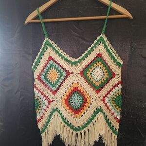 Elan Crop Tank Top Granny Square Festival Boho Fringe Crochetcore